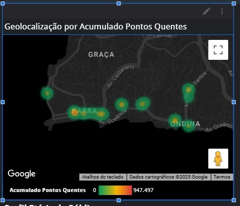 Mapa de calor com pontos de concentração no circuito do Carnaval da Bahia